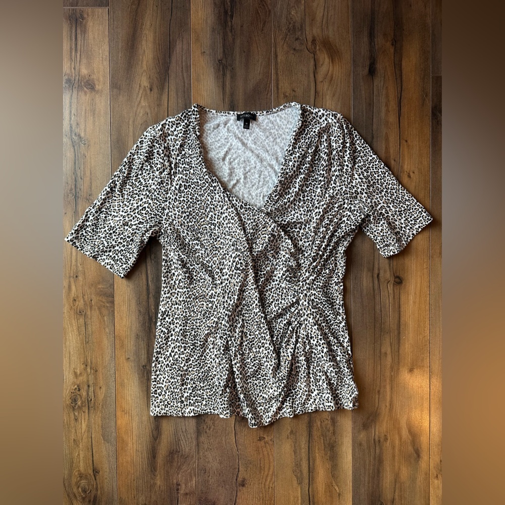 Talbots Leopard Print Ruched Knit Top Medium Neutral Animal Print
